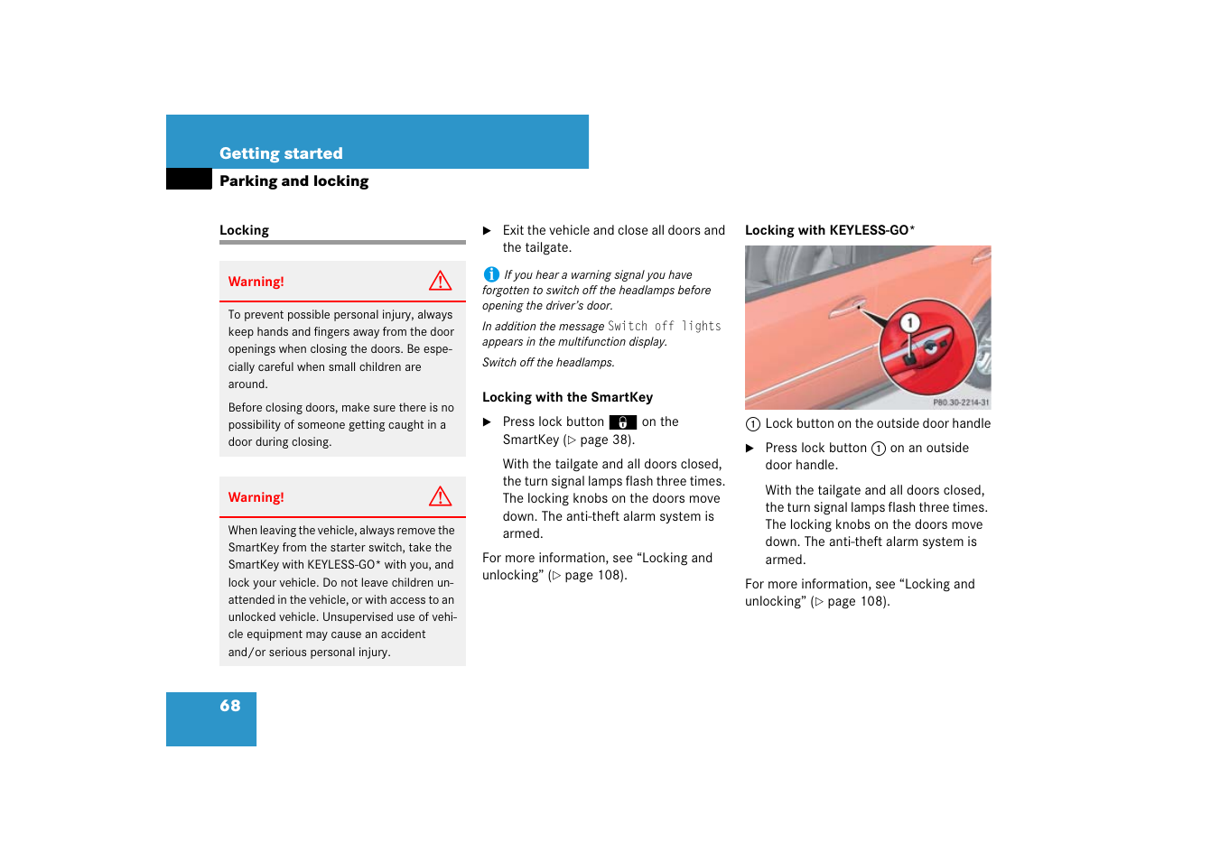 Door:locking/unlocking, smartkey, Locking | Mercedes-Benz M-Class 2007 Owners Manual User Manual | Page 69 / 585