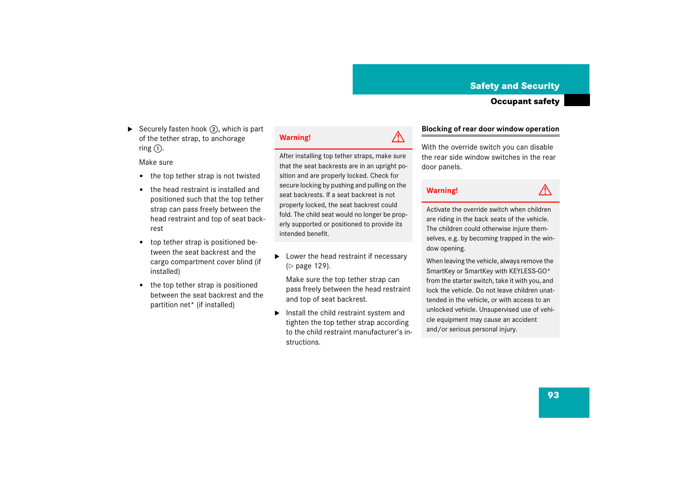 Rear door windows:blocking operation, Blocking of rear door window operation | Mercedes-Benz M-Class 2007 Owners Manual User Manual | Page 94 / 585
