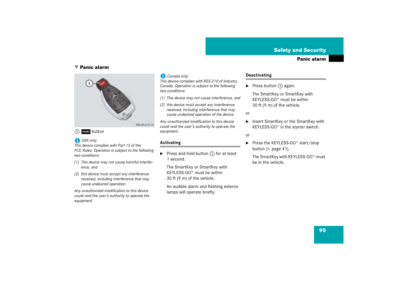 Panic alarm, Activating, Deactivating | Activating deactivating, Panic button | Mercedes-Benz M-Class 2007 Owners Manual User Manual | Page 96 / 585