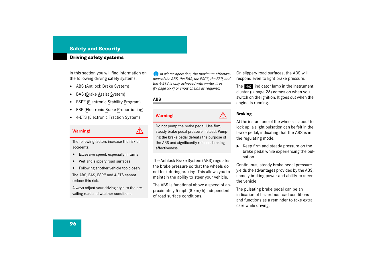 Driving:safety systems, Driving safety systems:abs, Driving safety systems | Mercedes-Benz M-Class 2007 Owners Manual User Manual | Page 97 / 585
