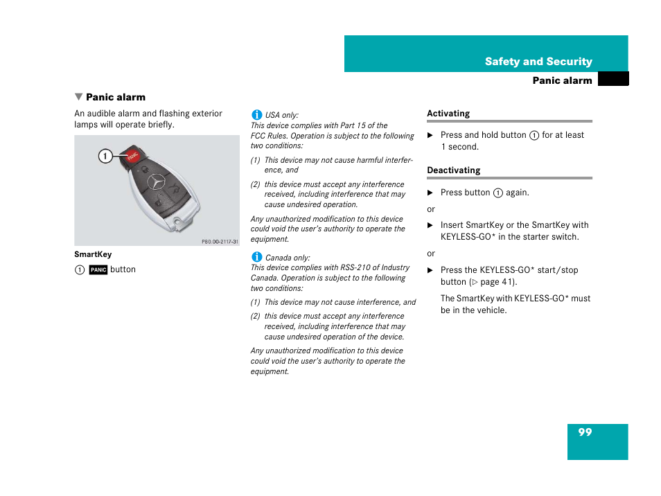 Panic alarm, Activating, Deactivating | Activating deactivating, Tton | Mercedes-Benz R-Class 2007 Owners Manual User Manual | Page 100 / 570