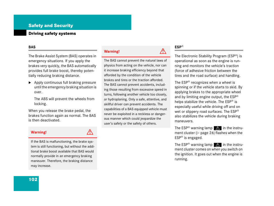 Driving safety systems:bas, Driving safety systems:esp, Bas esp | 102 safety and security | Mercedes-Benz R-Class 2007 Owners Manual User Manual | Page 103 / 570