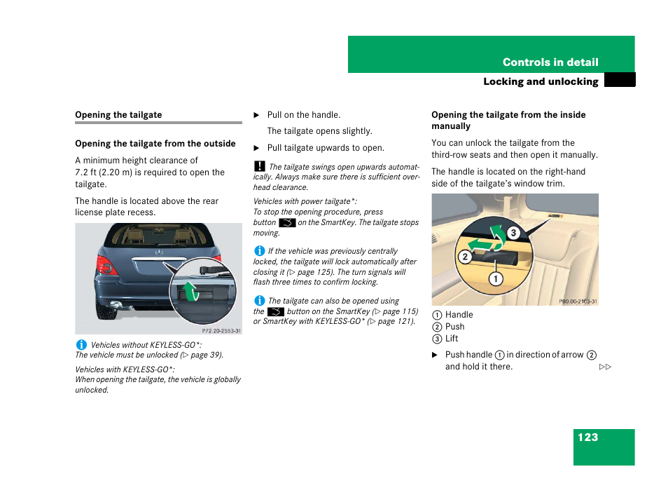 Tailgate:opening, Opening the tailgate | Mercedes-Benz R-Class 2007 Owners Manual User Manual | Page 124 / 570