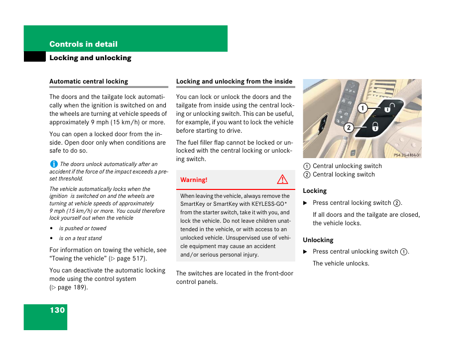 Central locking:automatic, Central locking switch | Mercedes-Benz R-Class 2007 Owners Manual User Manual | Page 131 / 570