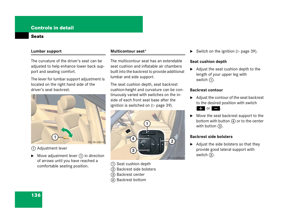 Multicontour seats, Lumbar support multicontour seat | Mercedes-Benz R-Class 2007 Owners Manual User Manual | Page 137 / 570