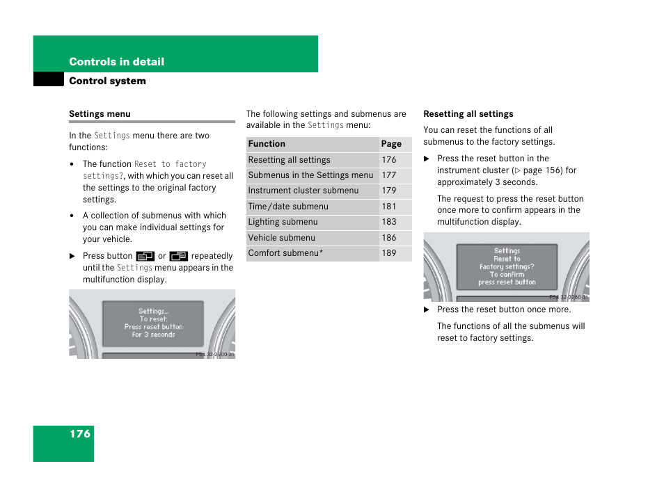 Control system menus:settings, Settings menu | Mercedes-Benz R-Class 2007 Owners Manual User Manual | Page 177 / 570
