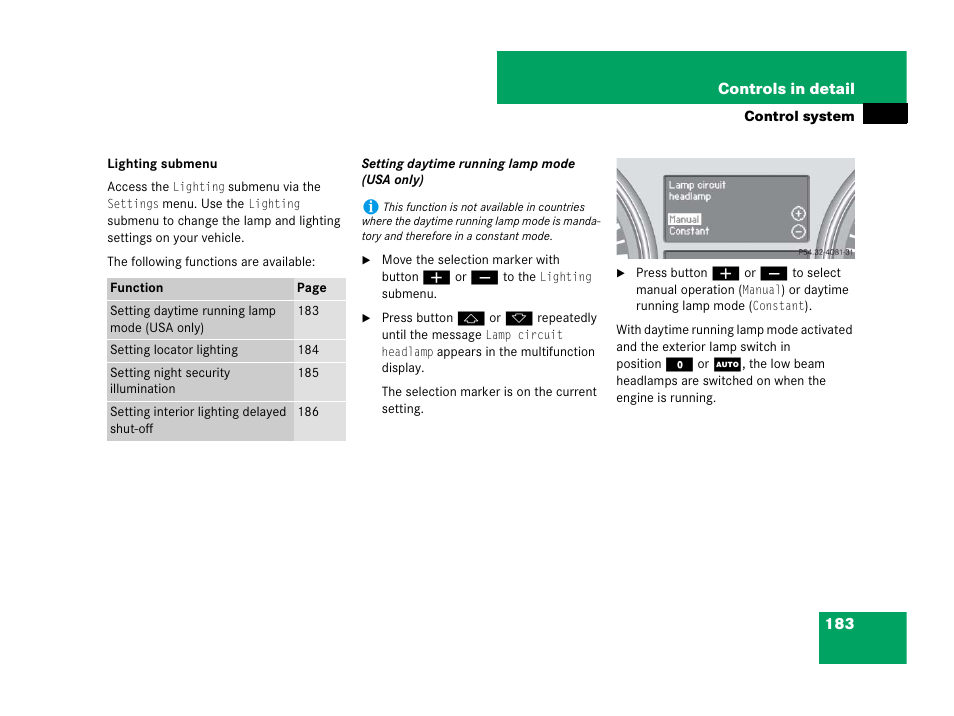 See “setting daytime running lamp mode (usa only) | Mercedes-Benz R-Class 2007 Owners Manual User Manual | Page 184 / 570