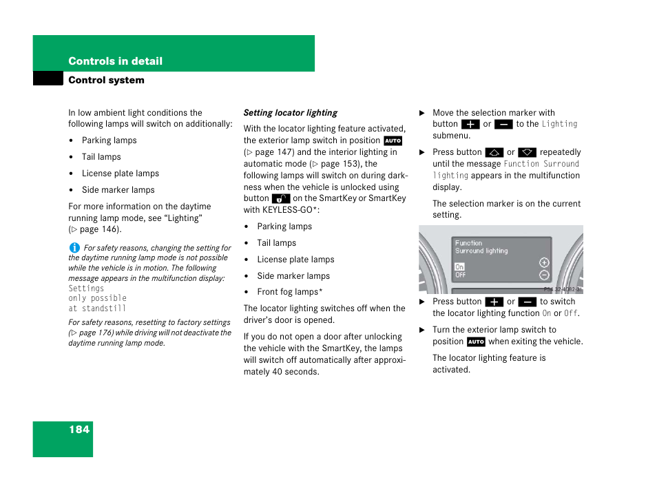 On, see “setting locator light- ing, 184 controls in detail | Mercedes-Benz R-Class 2007 Owners Manual User Manual | Page 185 / 570