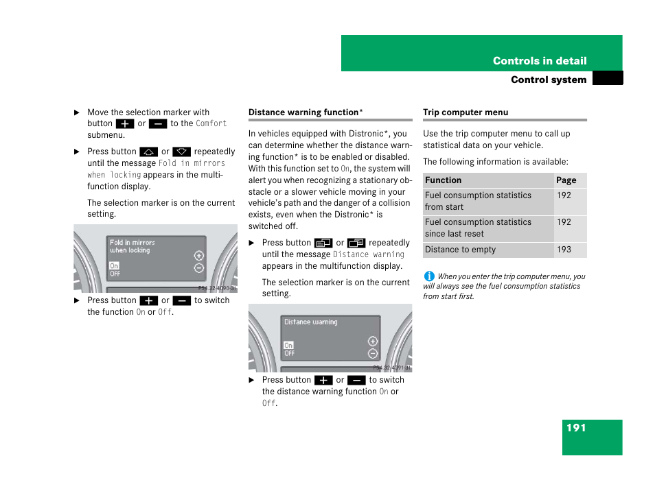 Control system menus:distance warning function, Trip computer, Distance warning function* trip computer menu | Mercedes-Benz R-Class 2007 Owners Manual User Manual | Page 192 / 570