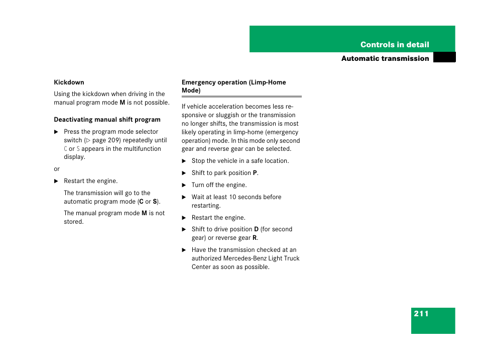 Automatic transmission:gear shifting malfunctions, Emergency operation (limp-home mode) | Mercedes-Benz R-Class 2007 Owners Manual User Manual | Page 212 / 570