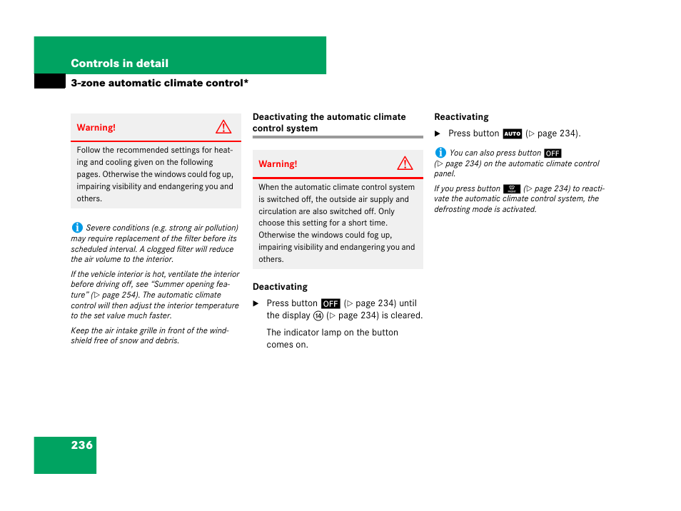 Deactivating the automatic climate control system | Mercedes-Benz R-Class 2007 Owners Manual User Manual | Page 237 / 570