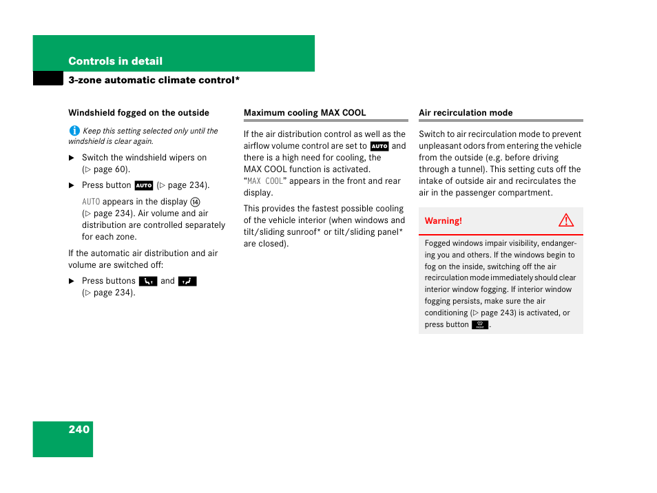 Air recirculation mode, Maximum cooling max cool air recirculation mode | Mercedes-Benz R-Class 2007 Owners Manual User Manual | Page 241 / 570