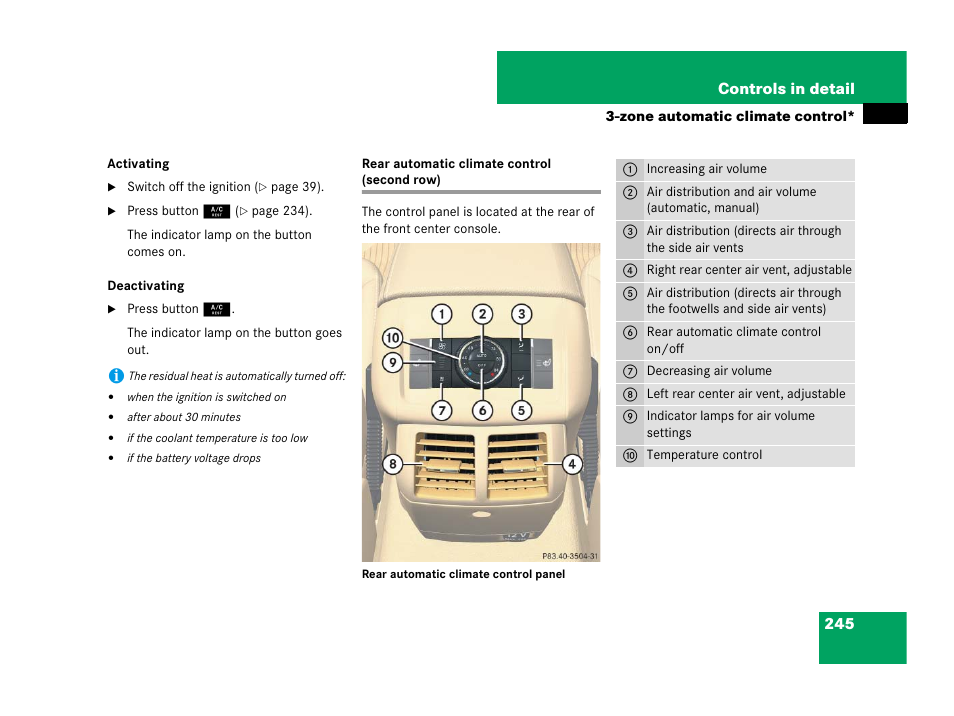 Rear automatic climate control (second row) | Mercedes-Benz R-Class 2007 Owners Manual User Manual | Page 246 / 570
