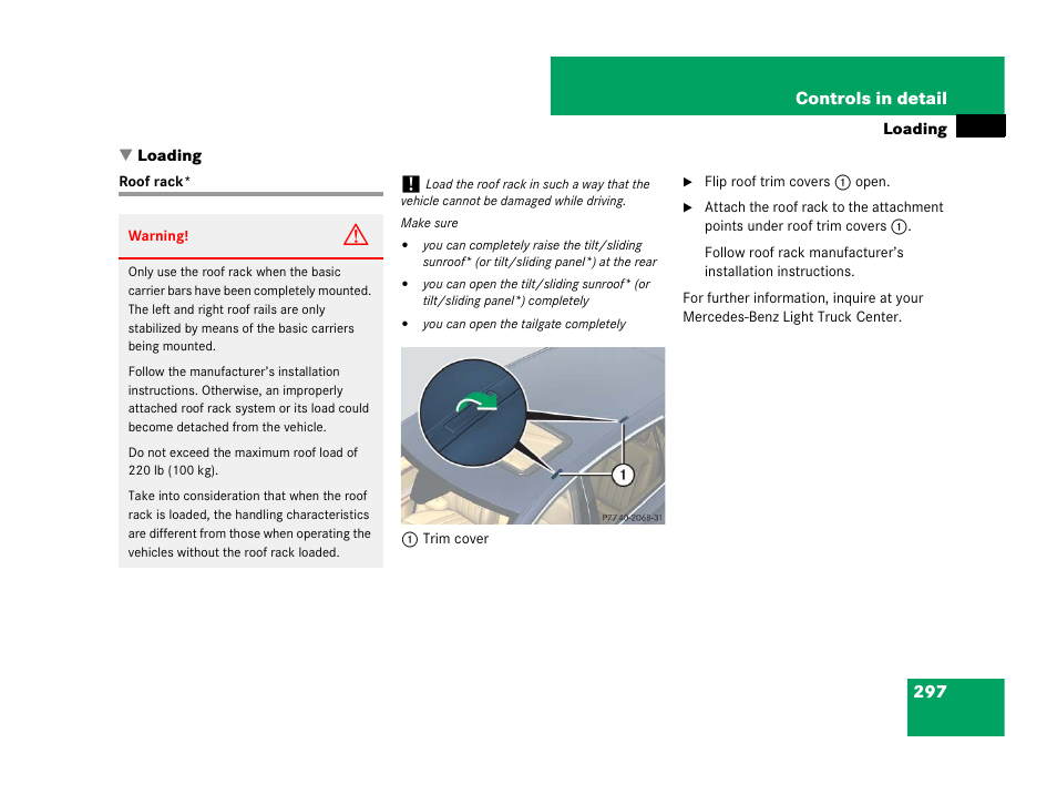 Roof rack, Loading, See “loading | Mercedes-Benz R-Class 2007 Owners Manual User Manual | Page 298 / 570