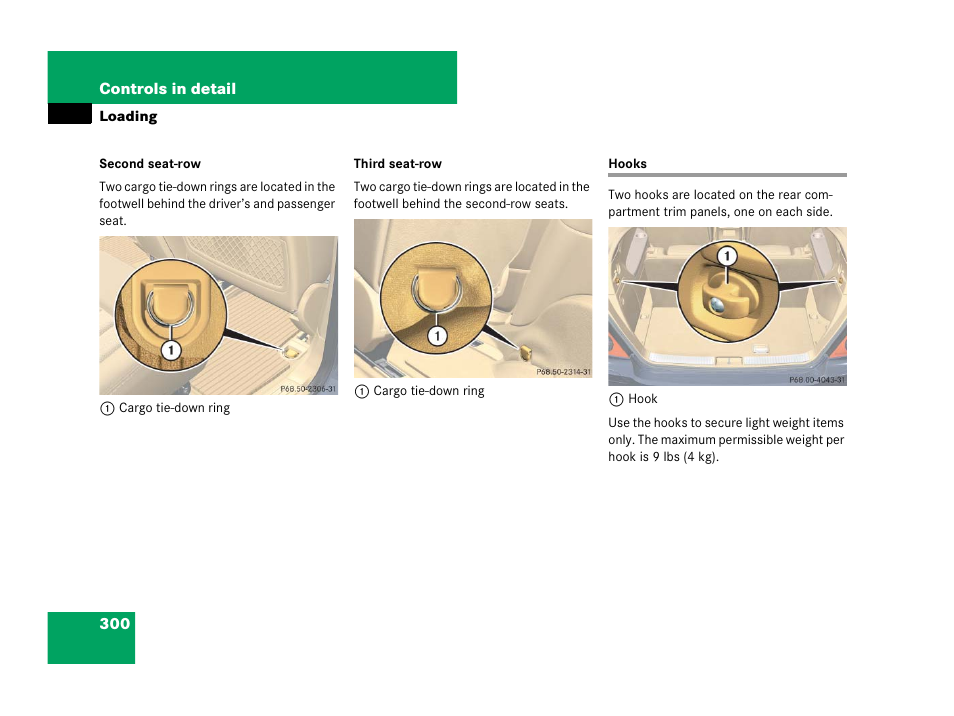 Vehicle loading:hooks, Hooks | Mercedes-Benz R-Class 2007 Owners Manual User Manual | Page 301 / 570