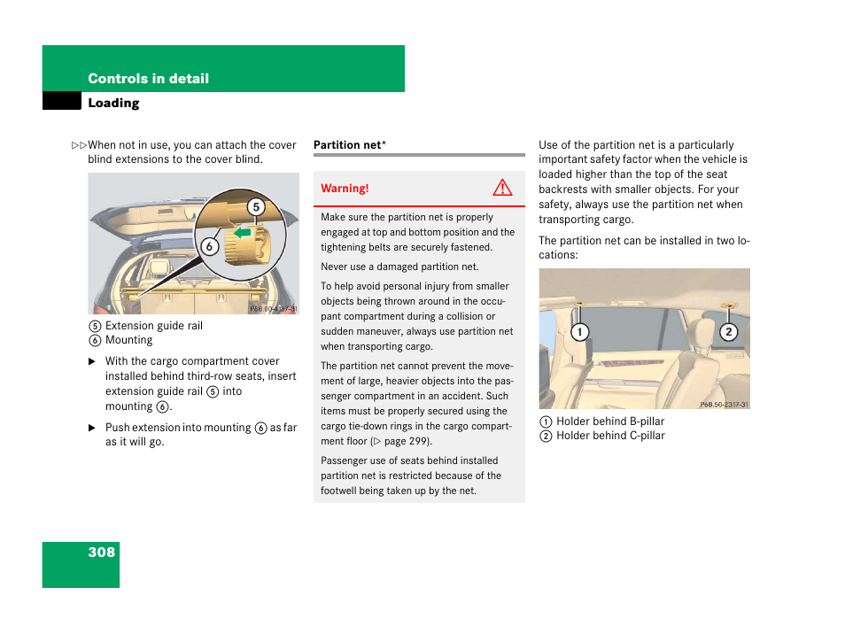 Vehicle loading:partition net, Partition net | Mercedes-Benz R-Class 2007 Owners Manual User Manual | Page 309 / 570