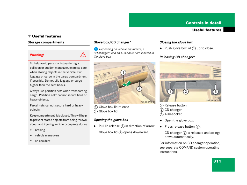 Useful features, Storage compartments | Mercedes-Benz R-Class 2007 Owners Manual User Manual | Page 312 / 570