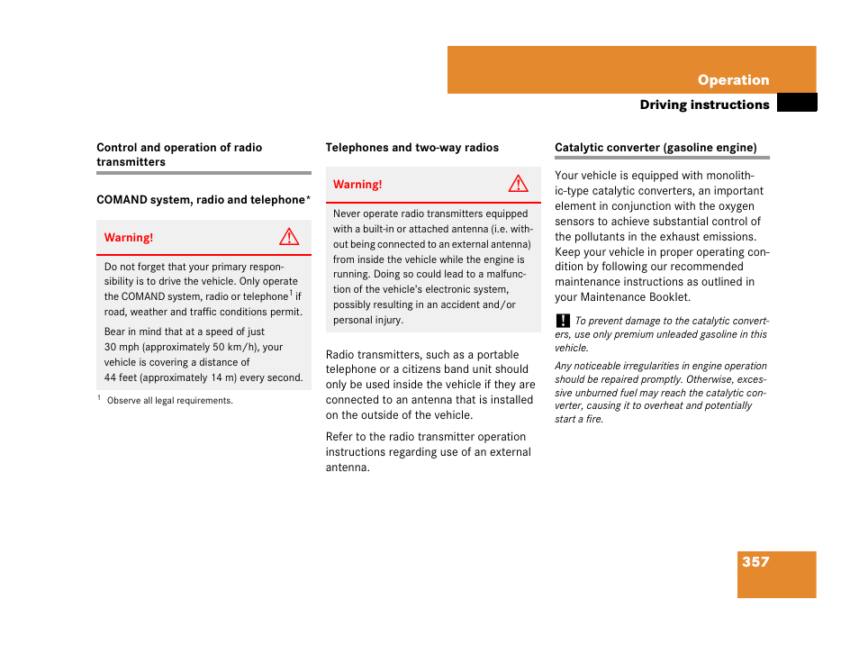 Control and operation of radio transmitters, Catalytic converter (gasoline engine) | Mercedes-Benz R-Class 2007 Owners Manual User Manual | Page 358 / 570