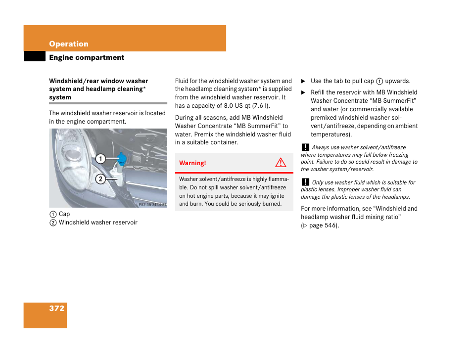 Windshield washer fluid:refilling | Mercedes-Benz R-Class 2007 Owners Manual User Manual | Page 373 / 570