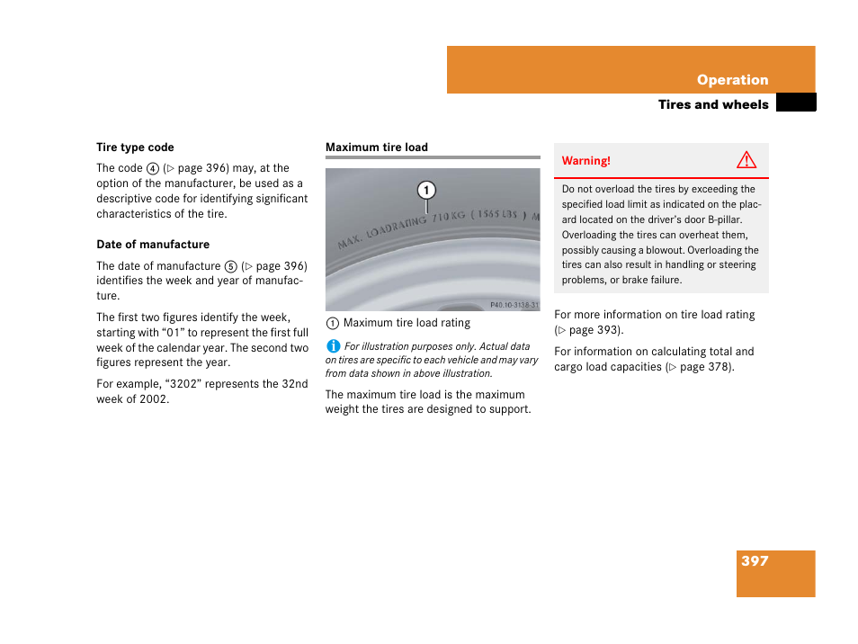 Maximum tire load | Mercedes-Benz R-Class 2007 Owners Manual User Manual | Page 398 / 570