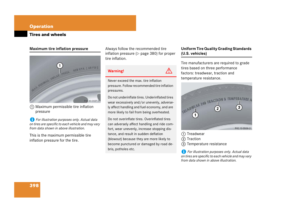 Maximum tire pressure, Uniform tire quality grading standards | Mercedes-Benz R-Class 2007 Owners Manual User Manual | Page 399 / 570