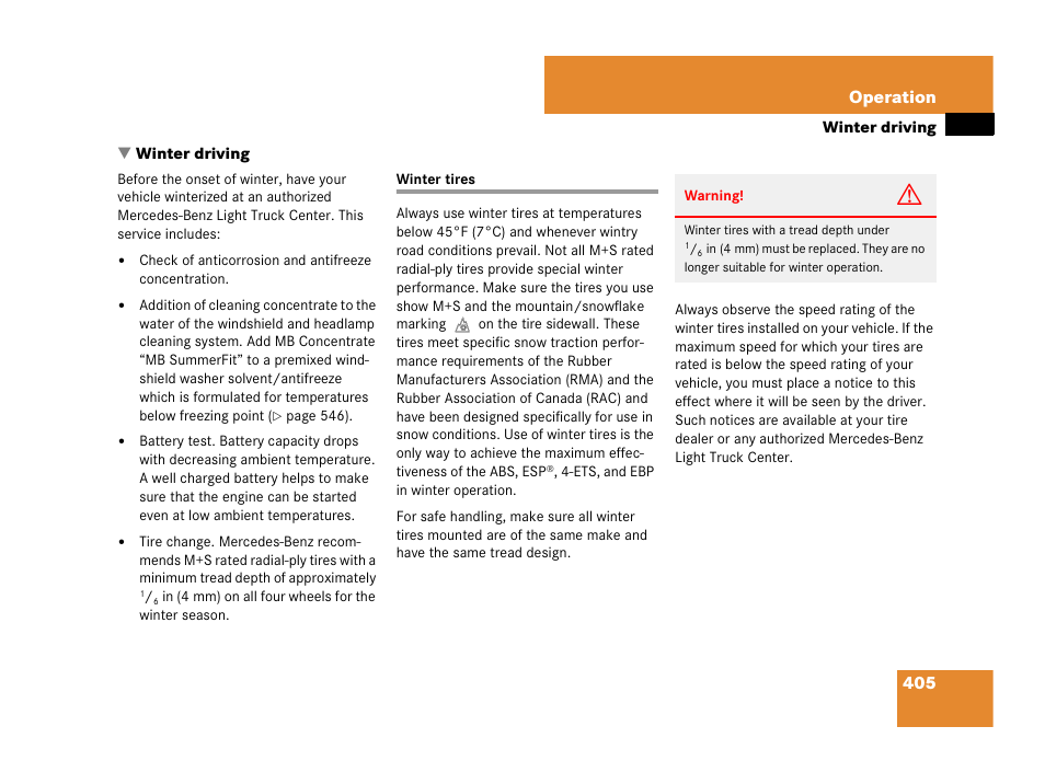 Driving:in winter, Winter driving:tires, Winter driving | Winter tires, Res, see “winter tires, See “winter driving, 405 operation | Mercedes-Benz R-Class 2007 Owners Manual User Manual | Page 406 / 570