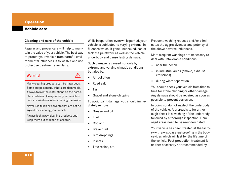 Vehicle:care, Washing the vehicle, Vehicle care | Cleaning and care of the vehicle | Mercedes-Benz R-Class 2007 Owners Manual User Manual | Page 411 / 570