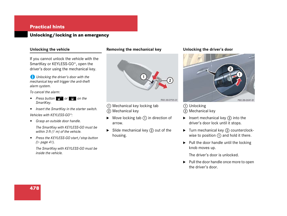 Vehicle:locking/unlocking in an emergency, Unlocking/locking in an emergency, Unlocking the vehicle | See “unlocking the vehicle, S door, Ers’ door, 478 practical hints | Mercedes-Benz R-Class 2007 Owners Manual User Manual | Page 479 / 570