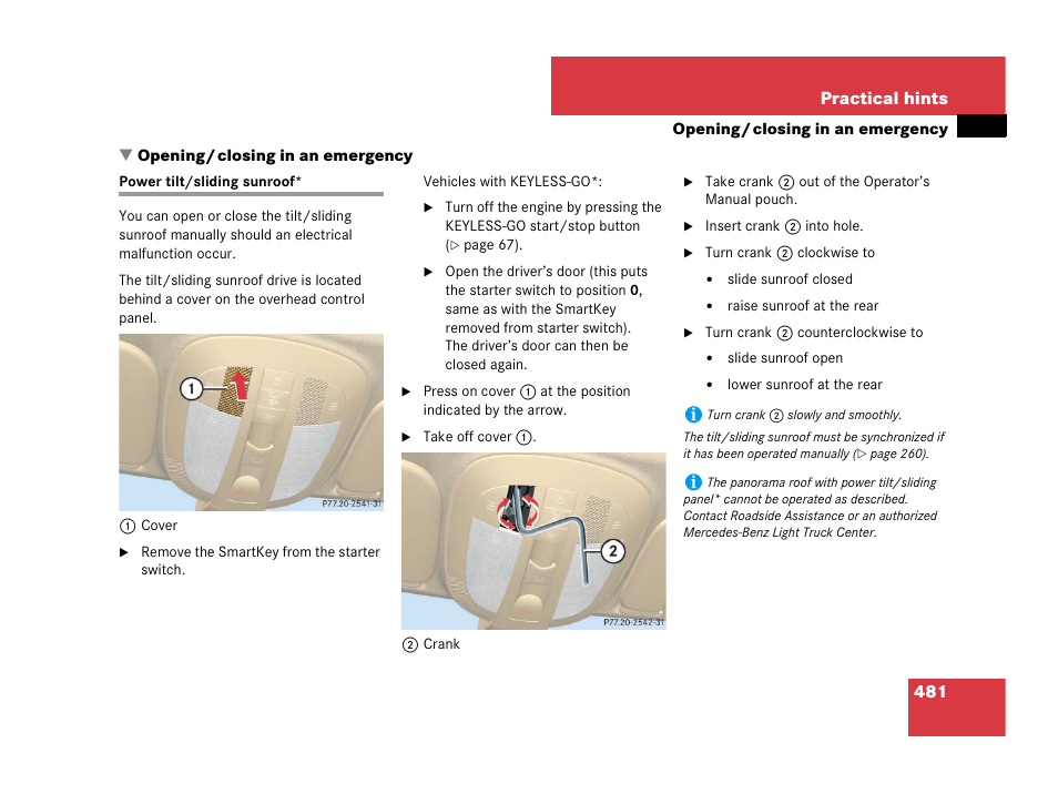 Opening/closing in an emergency, Power tilt/sliding sunroof, Opening/ closing in an emergency | Mercedes-Benz R-Class 2007 Owners Manual User Manual | Page 482 / 570