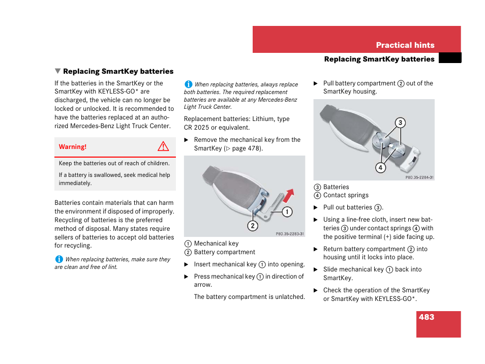 Key, smartkey:batteries, Replacing smartkey batteries | Mercedes-Benz R-Class 2007 Owners Manual User Manual | Page 484 / 570