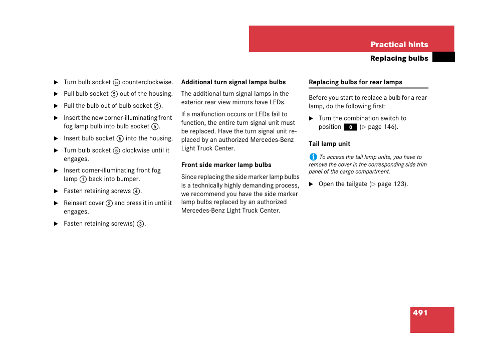 Replacing bulbs:brake lamps, Replacing bulbs for rear lamps | Mercedes-Benz R-Class 2007 Owners Manual User Manual | Page 492 / 570