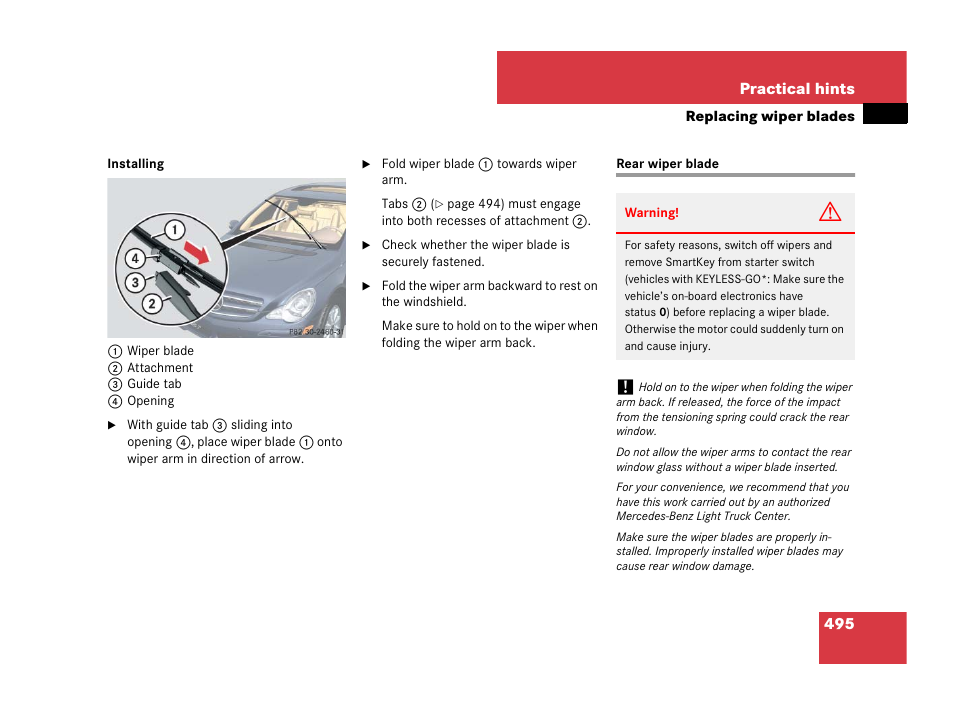 Rear wiper blade | Mercedes-Benz R-Class 2007 Owners Manual User Manual | Page 496 / 570