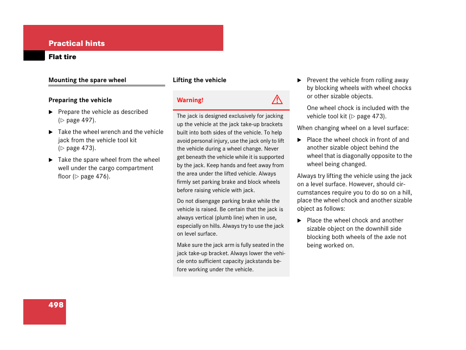 Spare wheel:mounting, Mounting the spare wheel, See “mounting the spare wheel | 498 practical hints | Mercedes-Benz R-Class 2007 Owners Manual User Manual | Page 499 / 570