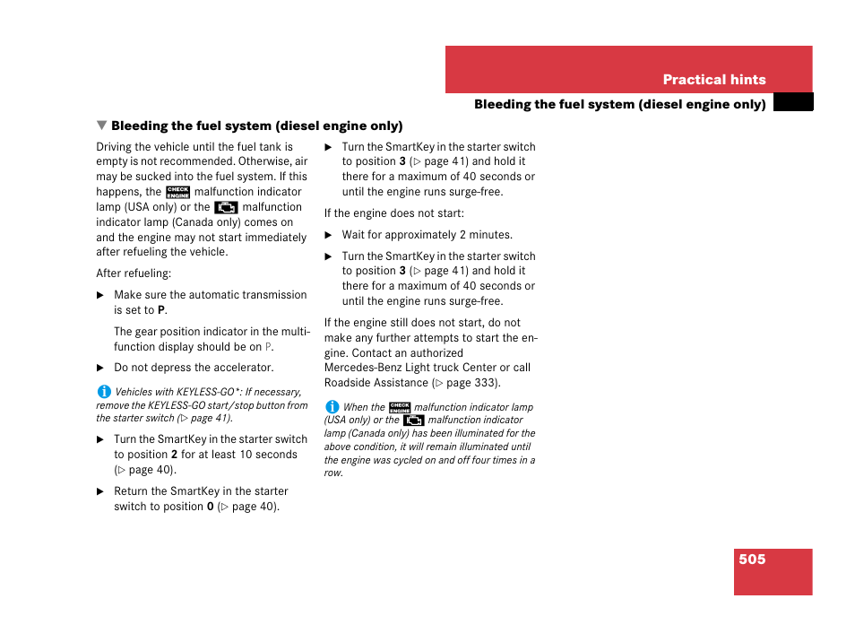 Diesel engine:bleeding fuel system, Bleeding the fuel system (diesel engine only) | Mercedes-Benz R-Class 2007 Owners Manual User Manual | Page 506 / 570