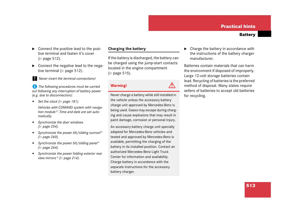 Charging the battery, 513 practical hints | Mercedes-Benz R-Class 2007 Owners Manual User Manual | Page 514 / 570