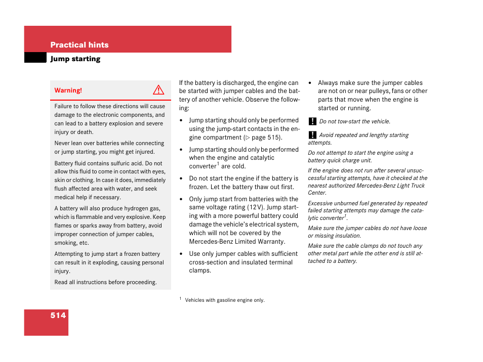 Jump starting, 514 practical hints | Mercedes-Benz R-Class 2007 Owners Manual User Manual | Page 515 / 570