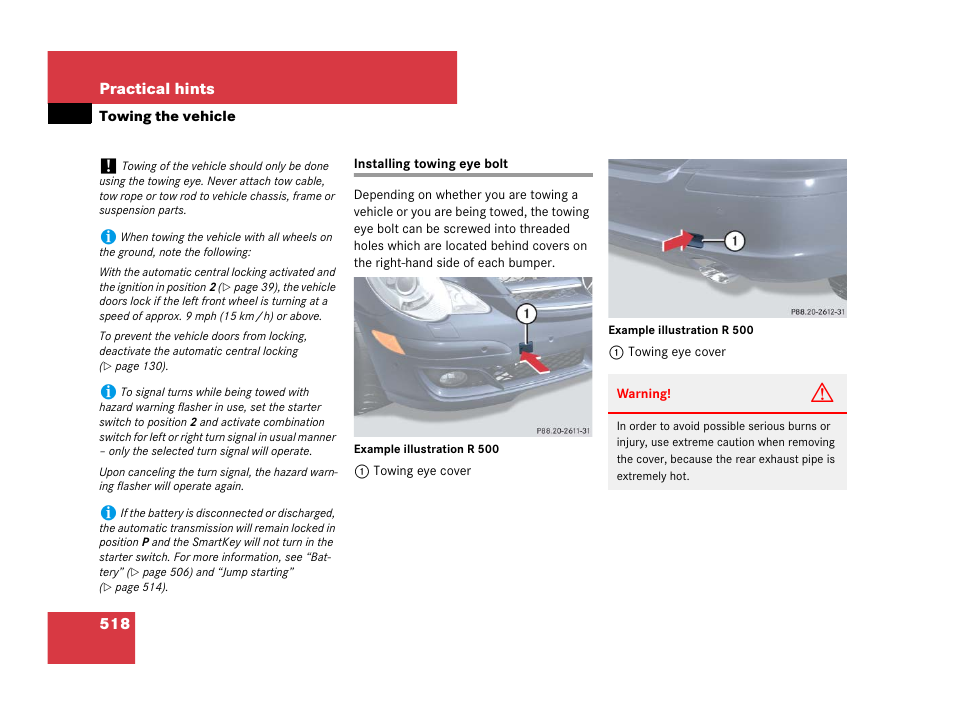 Towing eye bolts, Installing towing eye bolt | Mercedes-Benz R-Class 2007 Owners Manual User Manual | Page 519 / 570