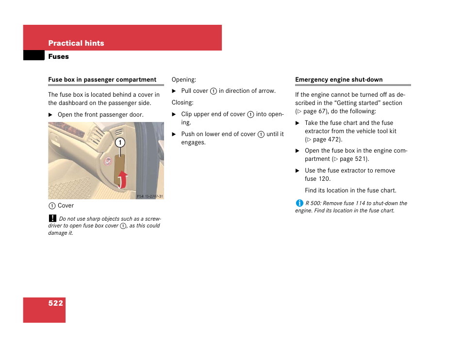 Fuses:fuse box, passenger compartment, See “emergency engine shut-down | Mercedes-Benz R-Class 2007 Owners Manual User Manual | Page 523 / 570