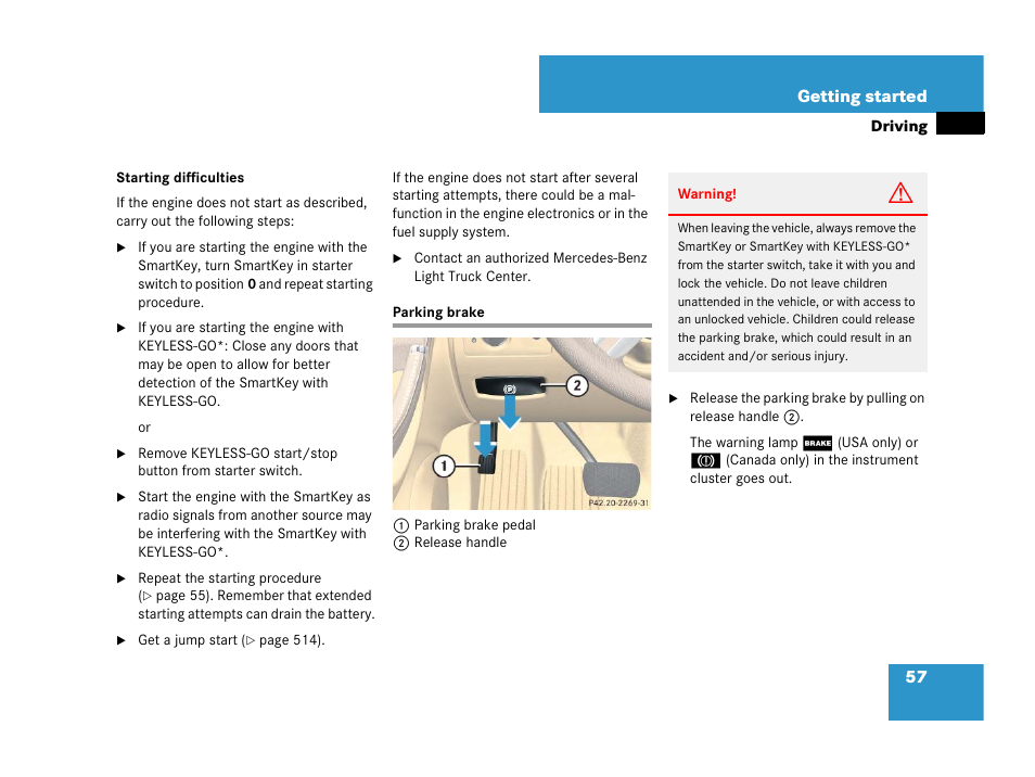 Parking brake | Mercedes-Benz R-Class 2007 Owners Manual User Manual | Page 58 / 570