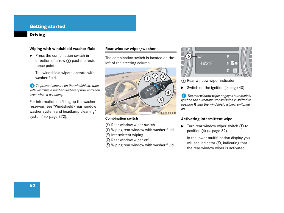 Combination switch, Rear window wiper/washer | Mercedes-Benz R-Class 2007 Owners Manual User Manual | Page 63 / 570