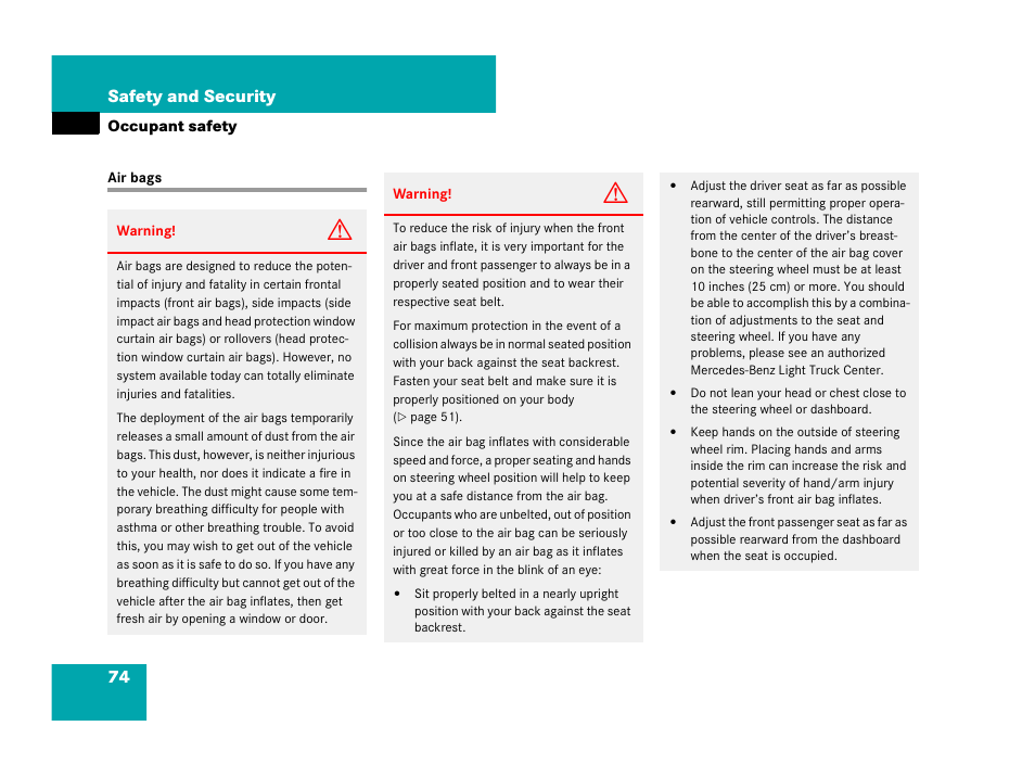 Air bags, 74 safety and security | Mercedes-Benz R-Class 2007 Owners Manual User Manual | Page 75 / 570