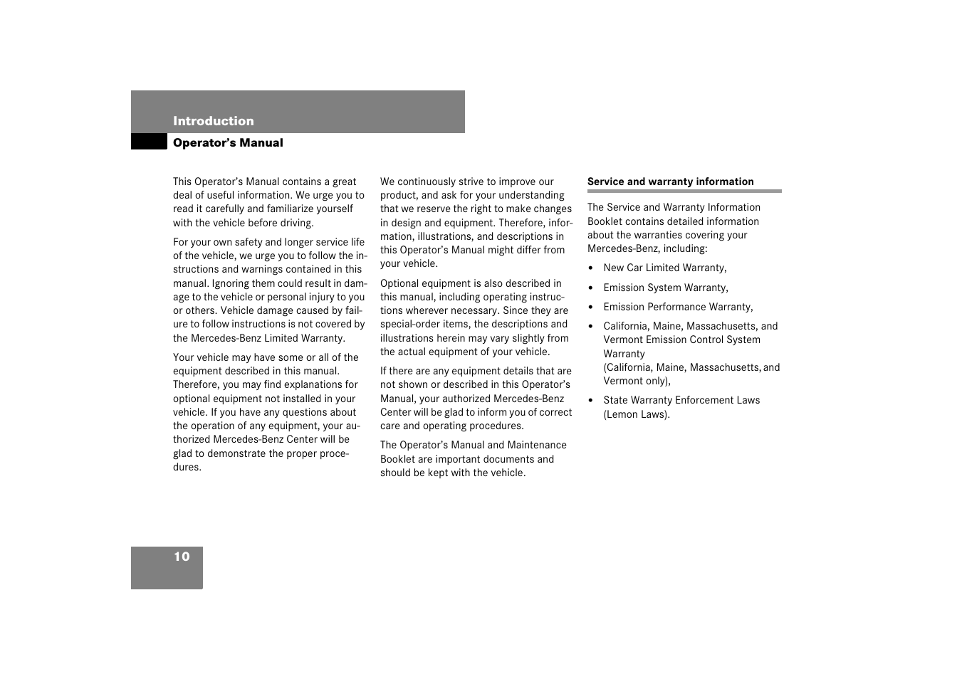 Emission control: system warranties, Operator’s manual, Service and warranty information | Mercedes-Benz SL-Class 2007 Owners Manual User Manual | Page 11 / 473