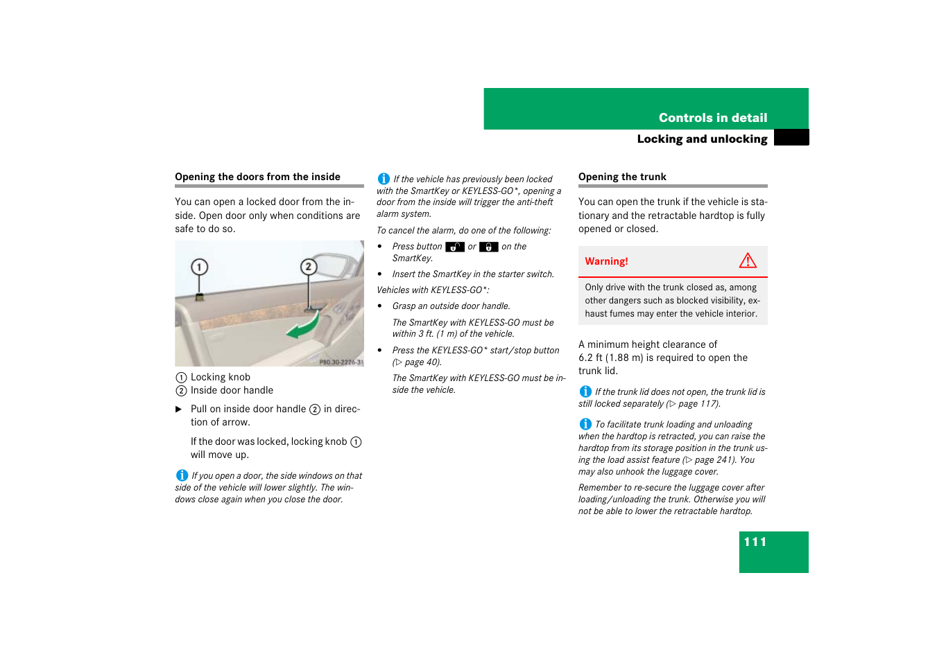 Door:opening from inside, Trunk:unlocking separately | Mercedes-Benz SL-Class 2007 Owners Manual User Manual | Page 112 / 473