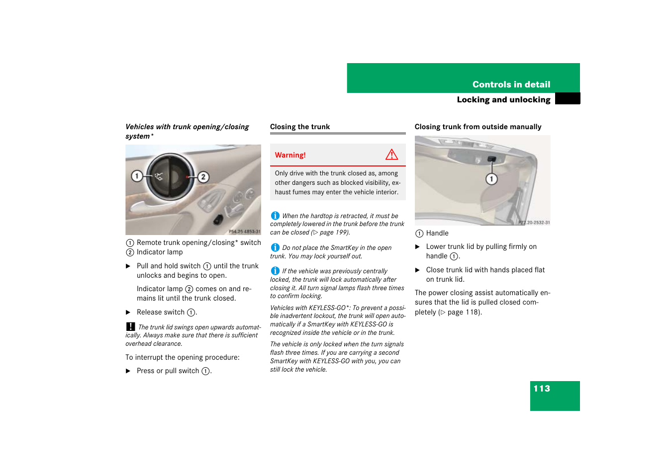 Trunk:closing the lid, Closing the trunk | Mercedes-Benz SL-Class 2007 Owners Manual User Manual | Page 114 / 473