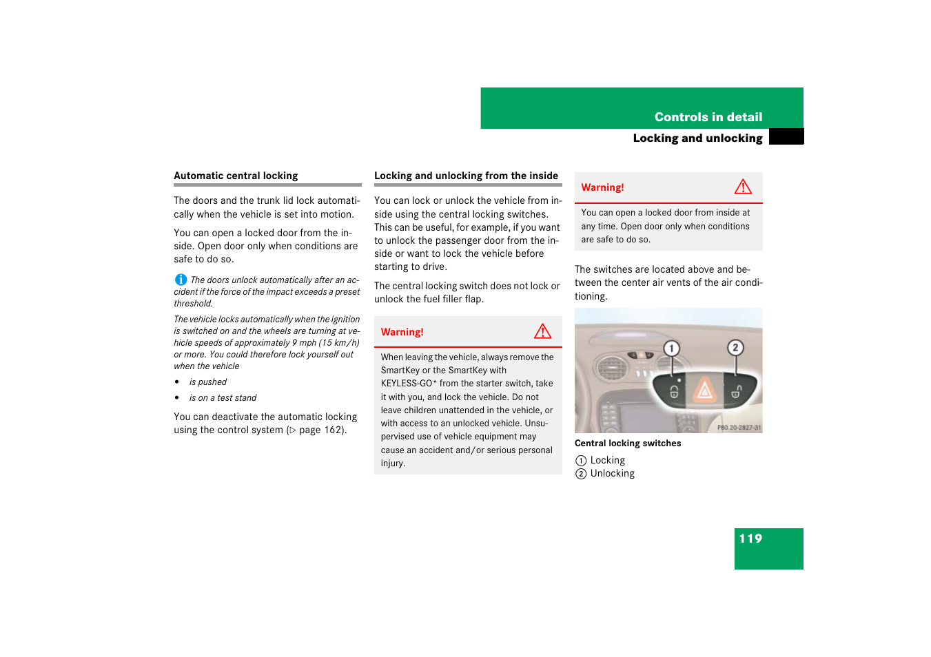 Automatic central locking, Central locking:central locking/unlocking switch | Mercedes-Benz SL-Class 2007 Owners Manual User Manual | Page 120 / 473