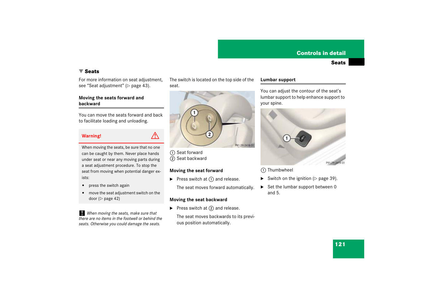 Seats, Seats:moving, Lumbar support adjustment | Mercedes-Benz SL-Class 2007 Owners Manual User Manual | Page 122 / 473