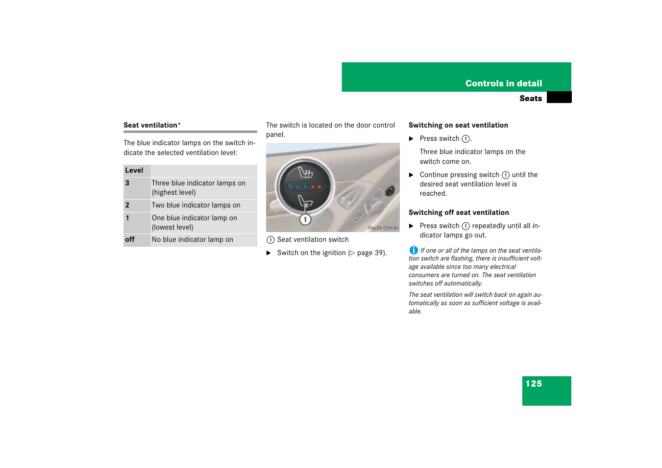 Seat ventilation | Mercedes-Benz SL-Class 2007 Owners Manual User Manual | Page 126 / 473