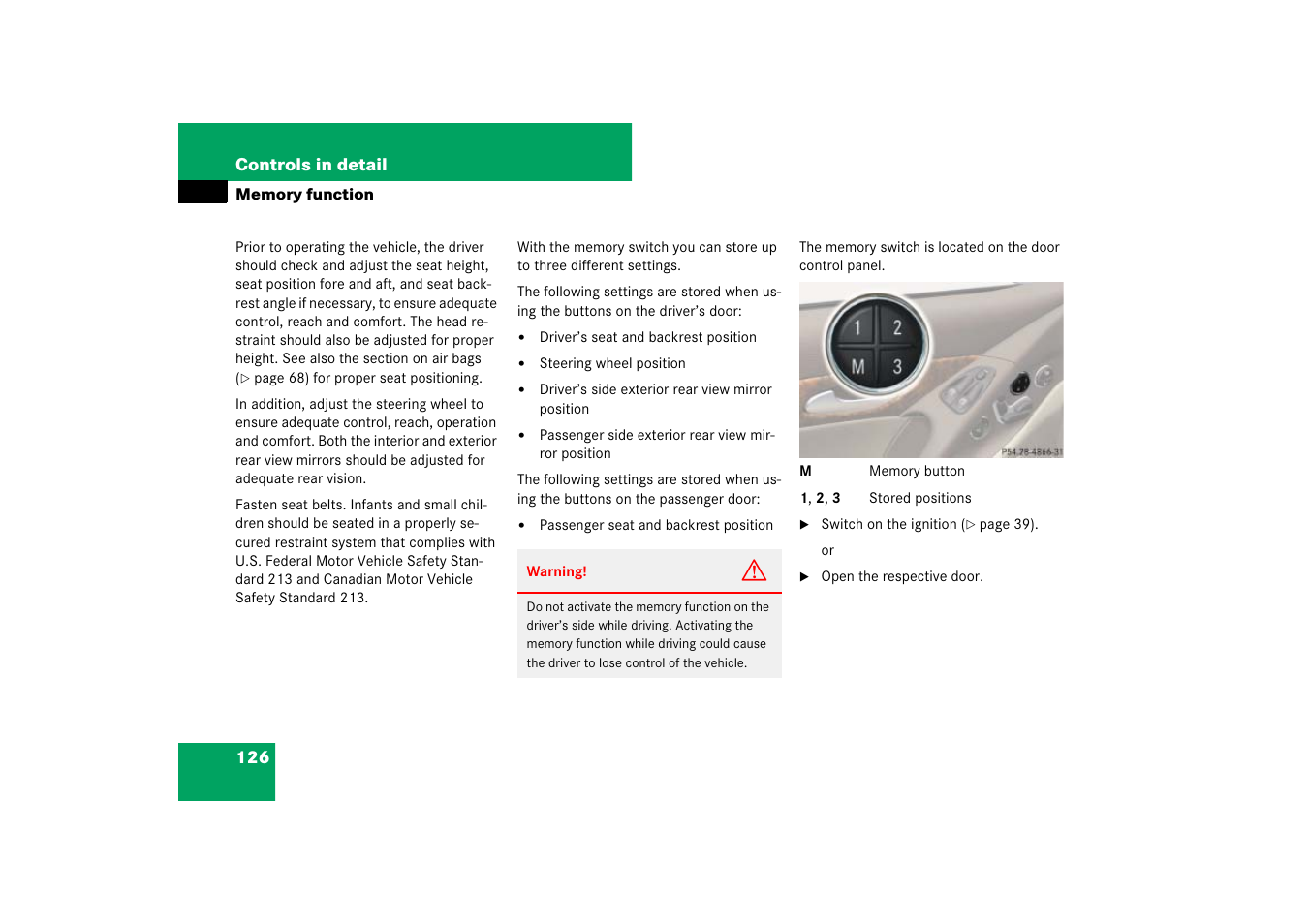 Memory function, Tion | Mercedes-Benz SL-Class 2007 Owners Manual User Manual | Page 127 / 473