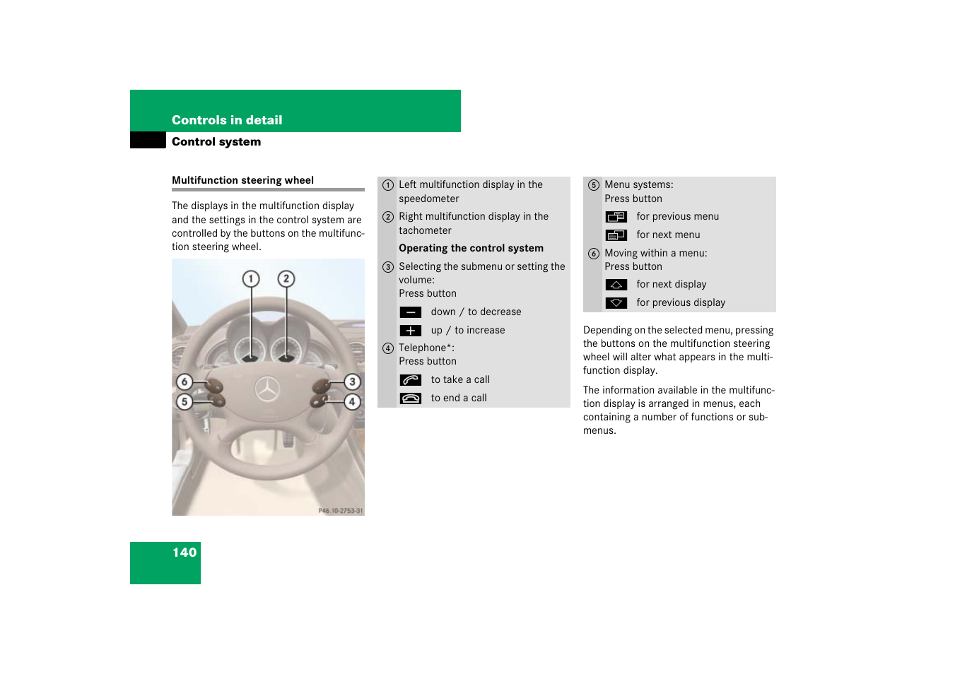 Multifunction steering wheel:buttons, Multifunction steering wheel | Mercedes-Benz SL-Class 2007 Owners Manual User Manual | Page 141 / 473