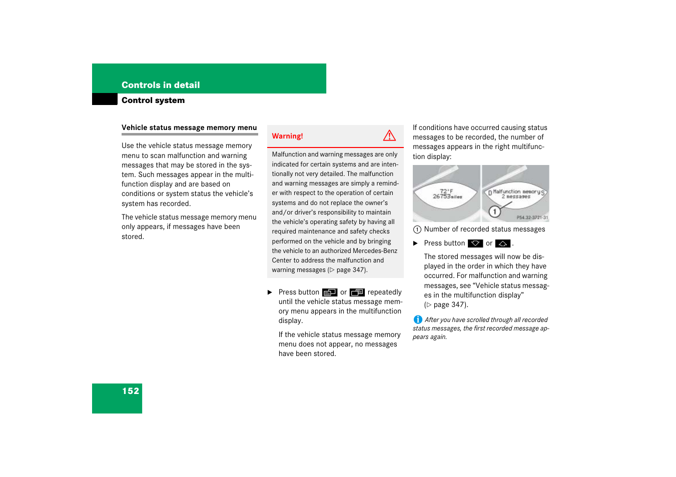 Menus:vehicle status message memory, Vehicle status message memory menu | Mercedes-Benz SL-Class 2007 Owners Manual User Manual | Page 153 / 473